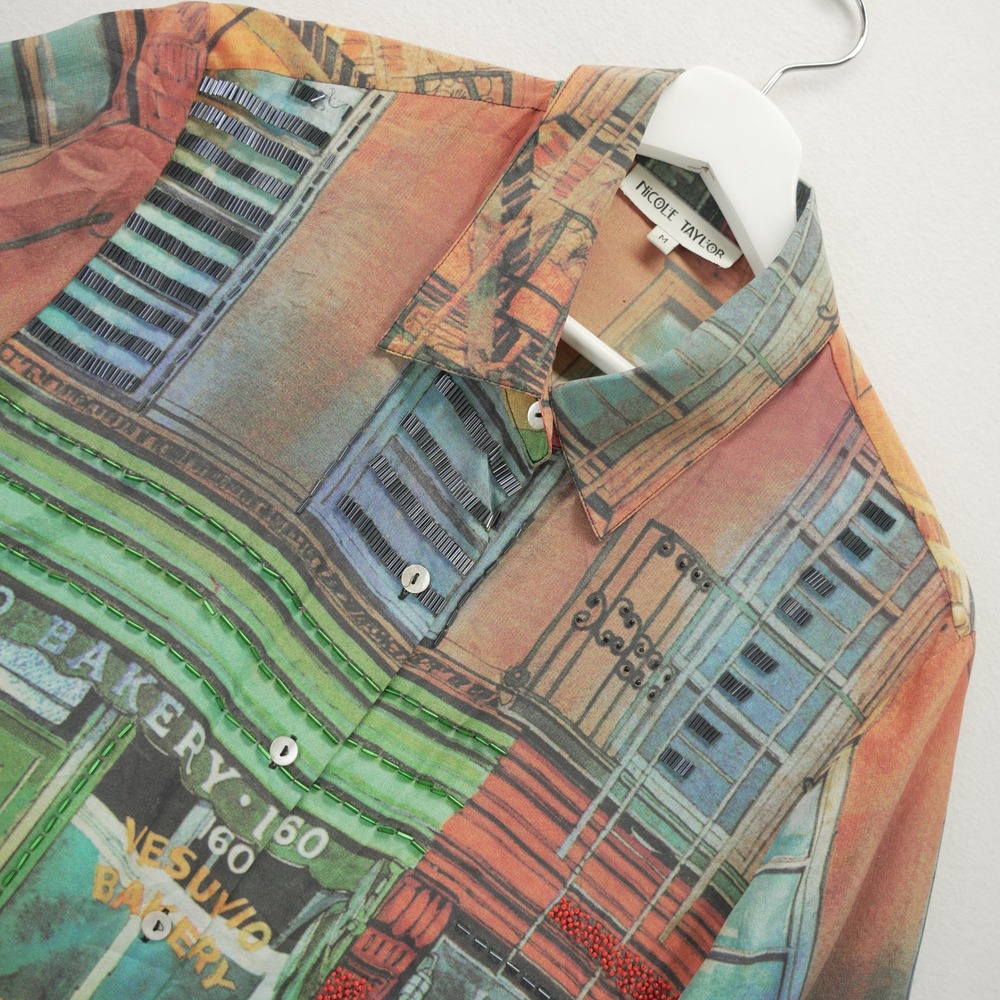 Nicole Taylor Silk Beaded City Art to Wear Blouse Vesuvio Bakery Print M 90s VTG